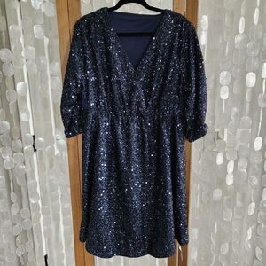 Blue Sequin Wrap Midi Dress with Puff Sleeves